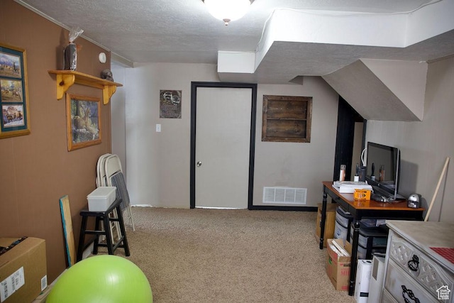 interior space with visible vents, a textured ceiling, and carpet floors