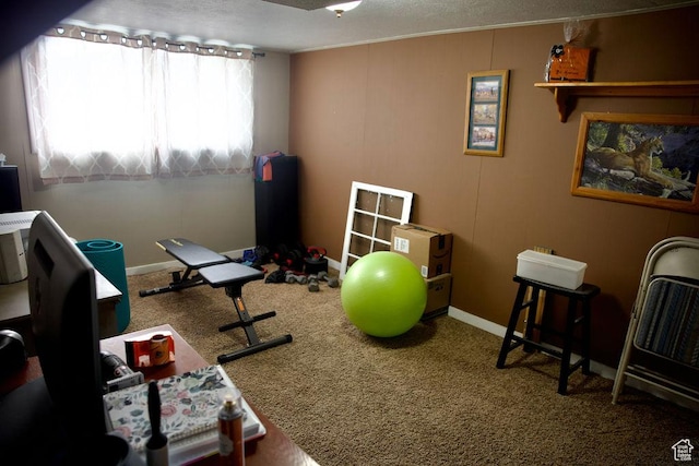 exercise room with baseboards and carpet flooring