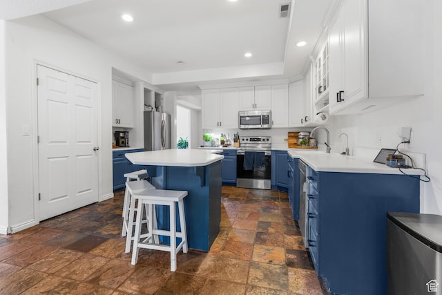 531 E Valley Dr, Heber City, UT 84032 - kitchen with appliances with stainless steel finishes, a sink, a center island, blue cabinets, and stone tile flooring