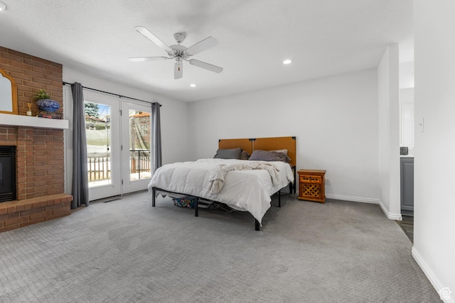 531 E Valley Dr, Heber City, UT 84032 - carpeted bedroom with baseboards, recessed lighting, a fireplace, and access to exterior