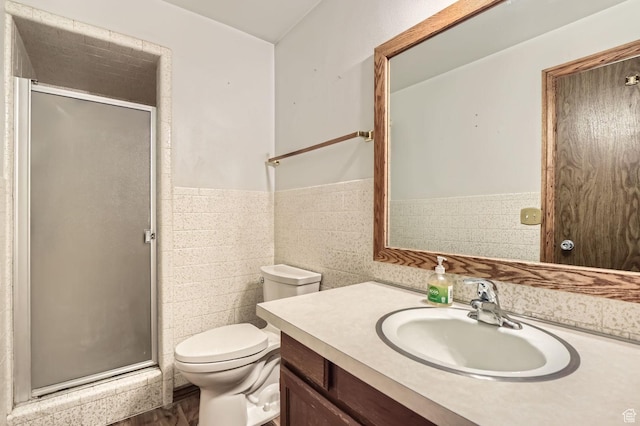 4758 S Mocha Dr W, Taylorsville, UT 84129 - bathroom with vanity, toilet, a wainscoted wall, and a stall shower