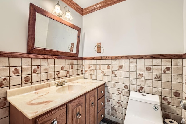 4758 S Mocha Dr W, Taylorsville, UT 84129 - half bath featuring crown molding, toilet, tile walls, and vanity