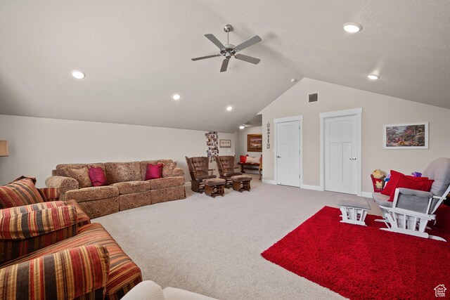 living room with a ceiling fan, visible vents, vaulted ceiling, carpet floors, and recessed lighting