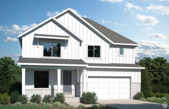 7648 S Iron Cyn Unit 341, West Jordan, UT 84081 - modern farmhouse featuring a garage, brick siding, a shingled roof, board and batten siding, and concrete driveway
