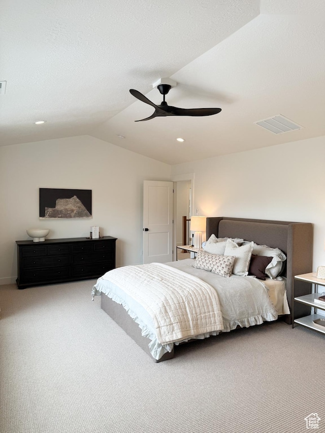 7648 S Iron Cyn Unit 341, West Jordan, UT 84081 - carpeted bedroom featuring a ceiling fan, visible vents, recessed lighting, and vaulted ceiling