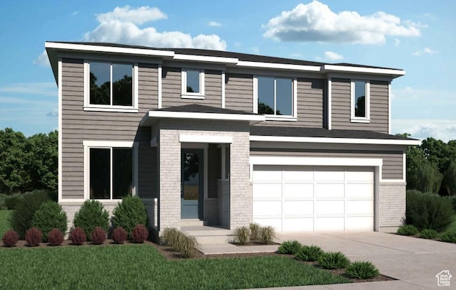 7648 S Iron Cyn Unit 341, West Jordan, UT 84081 - view of front of house featuring an attached garage, a front yard, driveway, and brick siding