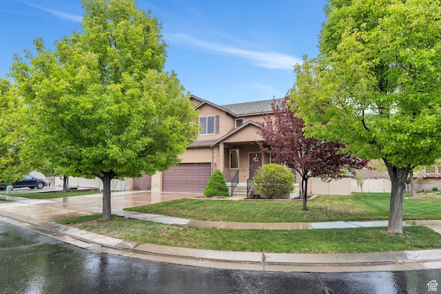 7812 N Crestwood Cir, Eagle Mountain, UT 84005 - view of property hidden behind natural elements featuring driveway, stucco siding, and an attached garage