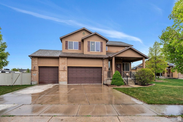 7812 N Crestwood Cir, Eagle Mountain, UT 84005 - traditional-style house featuring stucco siding, a porch, concrete driveway, a gate, and an attached garage