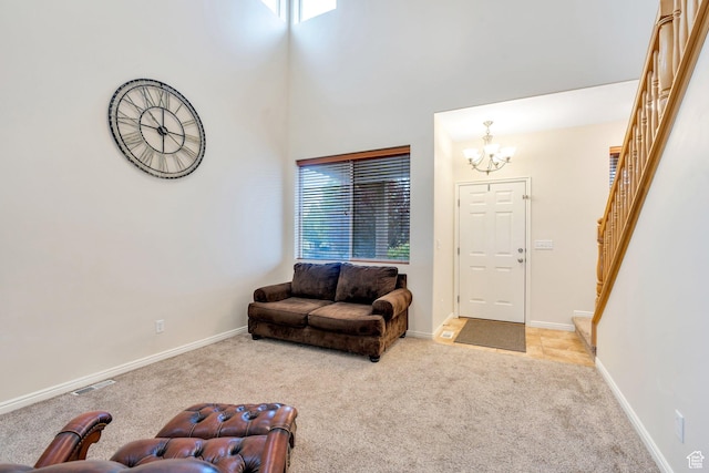 7812 N Crestwood Cir, Eagle Mountain, UT 84005 - living room with stairs, a chandelier, light colored carpet, and plenty of natural light