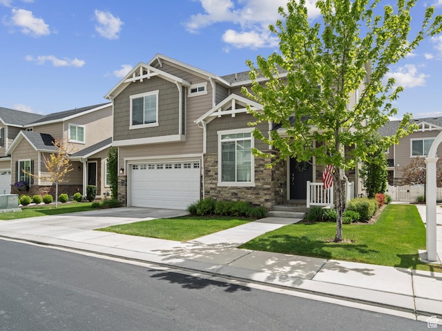 1227 W 20 S, Pleasant Grove, UT 84062 - craftsman-style house featuring driveway, a garage, fence, a front lawn, and stone siding