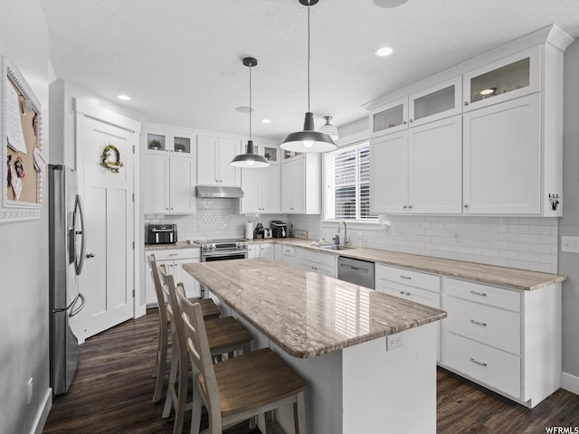1227 W 20 S, Pleasant Grove, UT 84062 - kitchen with dark wood-type flooring, a center island, under cabinet range hood, a sink, and appliances with stainless steel finishes