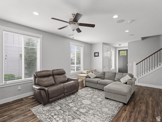 1227 W 20 S, Pleasant Grove, UT 84062 - living room featuring ceiling fan, stairs, recessed lighting, baseboards, and wood finished floors
