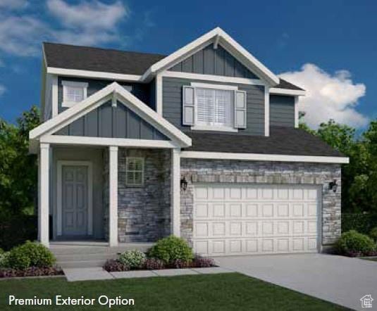6636 W Spring Snow Ln, Herriman, UT 84096 - view of front of house with board and batten siding, driveway, stone siding, and a garage