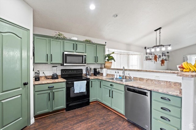 2099 E Hickock Way, Eagle Mountain, UT 84005 - kitchen with stainless steel appliances, green cabinets, a sink, and a textured ceiling