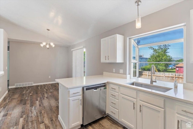 8522 S Kolby Ln, Midvale, UT 84047 - kitchen featuring stainless steel dishwasher, a sink, a chandelier, white cabinetry, and lofted ceiling