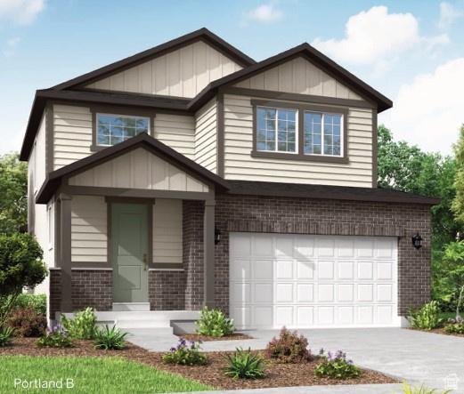 view of front of property featuring a garage, concrete driveway, and brick siding