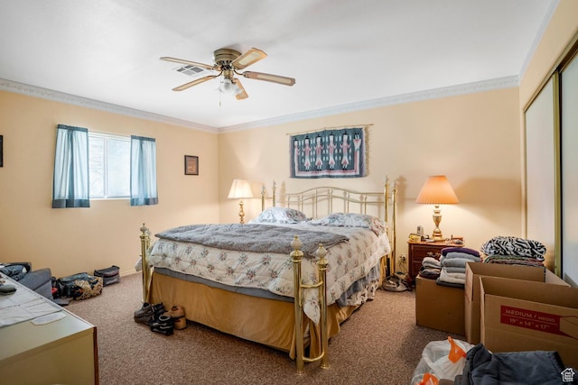 786 W Carter Dr, Pine Valley, UT 84781 - bedroom featuring carpet floors, crown molding, visible vents, a closet, and ceiling fan