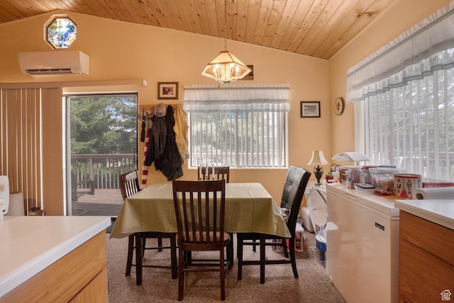 786 W Carter Dr, Pine Valley, UT 84781 - carpeted dining space with a wall mounted air conditioner, wood ceiling, lofted ceiling, and a chandelier