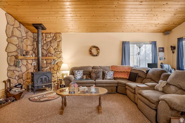 786 W Carter Dr, Pine Valley, UT 84781 - carpeted living room featuring wood ceiling and a wood stove