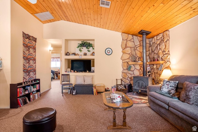 786 W Carter Dr, Pine Valley, UT 84781 - living room with a wood stove, carpet floors, lofted ceiling, visible vents, and wood ceiling