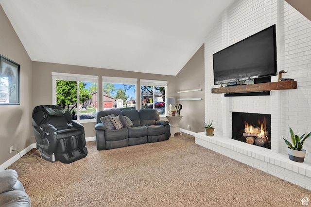 2974 N 1375 E, North Ogden, UT 84414 - living area featuring baseboards, carpet flooring, a brick fireplace, and high vaulted ceiling