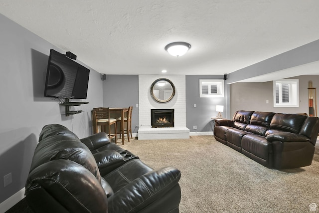 2974 N 1375 E, North Ogden, UT 84414 - carpeted living area with a brick fireplace, a textured ceiling, and baseboards