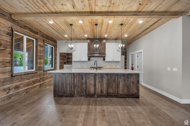 1138 N 1000 E, Mapleton, UT 84664 - kitchen with a chandelier, wood ceiling, custom range hood, light countertops, and white cabinetry