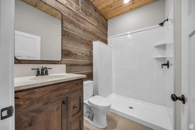 1138 N 1000 E, Mapleton, UT 84664 - bathroom with wooden ceiling, toilet, a shower stall, vanity, and wood walls