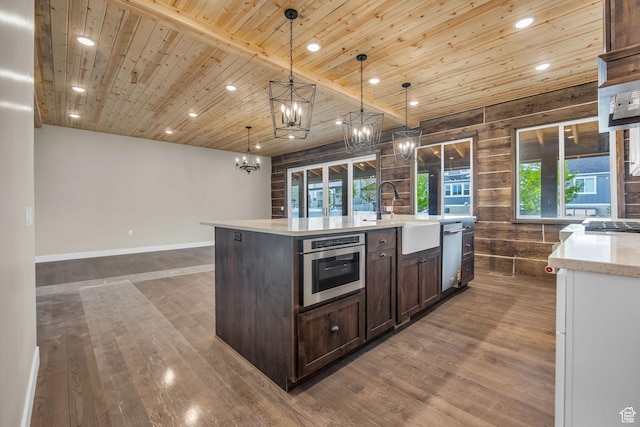 1138 N 1000 E, Mapleton, UT 84664 - kitchen featuring dark brown cabinetry, a sink, a chandelier, wood ceiling, and dark wood-style floors