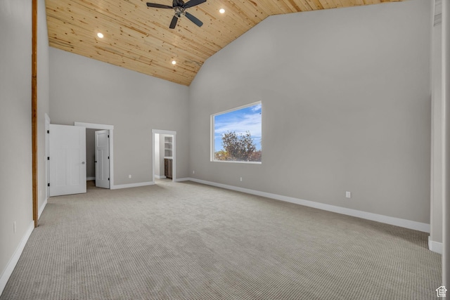 1138 N 1000 E, Mapleton, UT 84664 - unfurnished room with high vaulted ceiling, recessed lighting, a ceiling fan, light carpet, and wooden ceiling