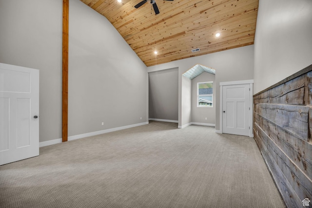 1138 N 1000 E, Mapleton, UT 84664 - unfurnished living room with wood ceiling, high vaulted ceiling, ceiling fan, carpet flooring, and baseboards