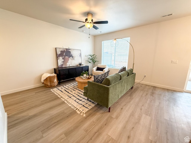 3656 S 4600 W Unit 220, West Haven, UT 84401 - living room featuring a ceiling fan, baseboards, visible vents, and light wood-style flooring