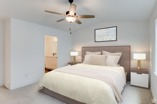 628 W Murray Ln Unit 155, Murray, UT 84123 - carpeted bedroom featuring baseboards, ensuite bath, lofted ceiling, and ceiling fan