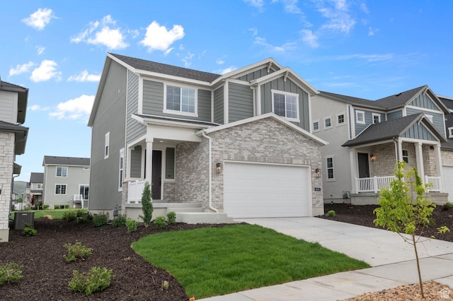 6641 W Spring Snow Ln, Herriman, UT 84096 - craftsman-style house featuring a porch, driveway, board and batten siding, brick siding, and central AC
