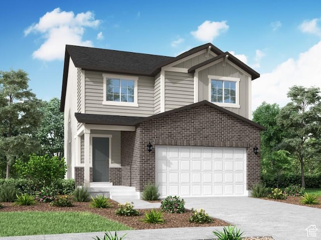craftsman inspired home featuring an attached garage, board and batten siding, concrete driveway, and brick siding