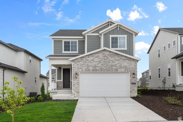 6641 W Spring Snow Ln, Herriman, UT 84096 - craftsman inspired home featuring board and batten siding, driveway, a front lawn, cooling unit, and a garage