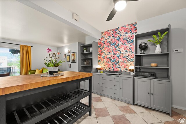 229 N B St Unit 4, Salt Lake City, UT 84103 - kitchen featuring open shelves, ceiling fan, light tile patterned flooring, and gray cabinetry