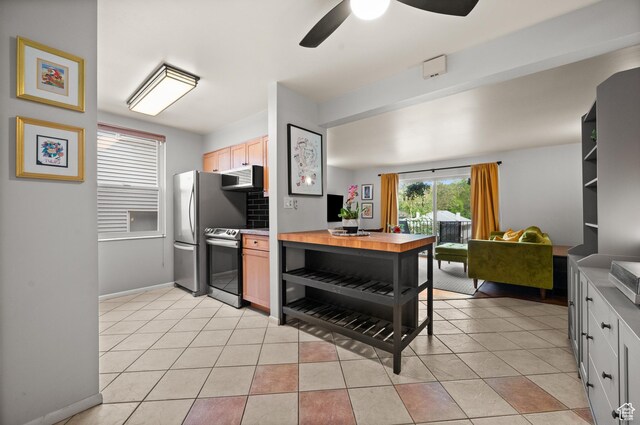 229 N B St Unit 4, Salt Lake City, UT 84103 - kitchen with light brown cabinets, ceiling fan, light countertops, light tile patterned floors, and stainless steel appliances