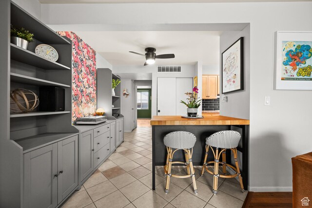 229 N B St Unit 4, Salt Lake City, UT 84103 - kitchen featuring ceiling fan, visible vents, open shelves, light tile patterned floors, and baseboards