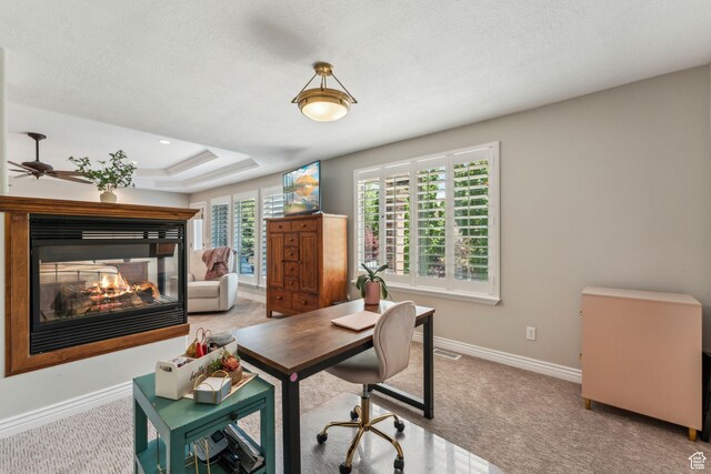 10921 S Renengade View Ln W, South Jordan, UT 84095 - carpeted home office featuring baseboards, a ceiling fan, and a multi sided fireplace