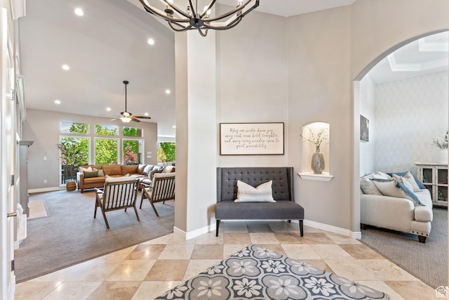 10921 S Renengade View Ln W, South Jordan, UT 84095 - interior space with recessed lighting, arched walkways, baseboards, and ceiling fan with notable chandelier