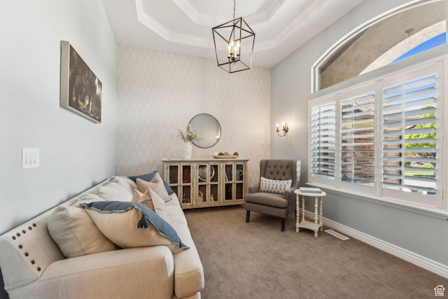 10921 S Renengade View Ln W, South Jordan, UT 84095 - sitting room featuring crown molding, a raised ceiling, a chandelier, carpet, and visible vents