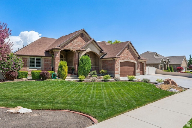 view of front of house with concrete driveway, brick siding, an attached garage, and a front lawn