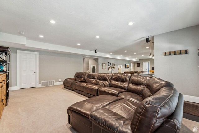10921 S Renengade View Ln W, South Jordan, UT 84095 - living area with baseboards, light carpet, recessed lighting, and visible vents