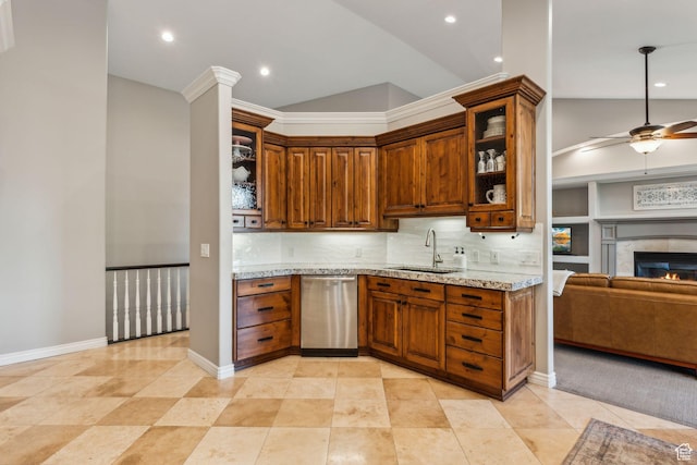 10921 S Renengade View Ln W, South Jordan, UT 84095 - kitchen featuring ceiling fan, a sink, open floor plan, lofted ceiling, and stainless steel dishwasher