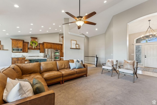 10921 S Renengade View Ln W, South Jordan, UT 84095 - living area with recessed lighting, ceiling fan with notable chandelier, light carpet, and high vaulted ceiling