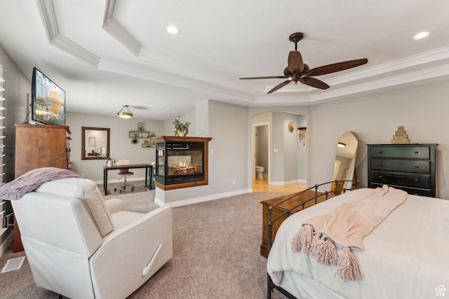 10921 S Renengade View Ln W, South Jordan, UT 84095 - carpeted bedroom with crown molding, arched walkways, a tray ceiling, and visible vents