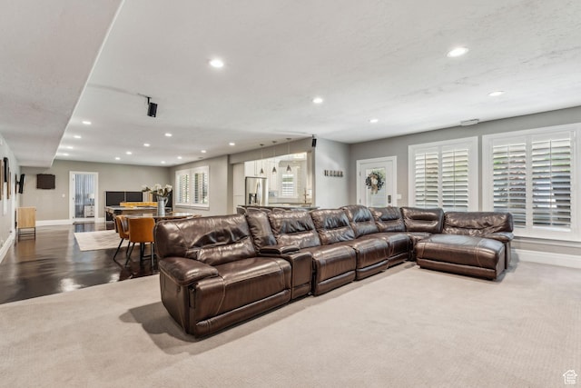 10921 S Renengade View Ln W, South Jordan, UT 84095 - living room featuring carpet flooring, recessed lighting, and baseboards