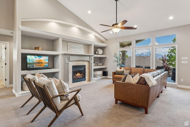 10921 S Renengade View Ln W, South Jordan, UT 84095 - living room featuring a fireplace, a ceiling fan, recessed lighting, and light colored carpet
