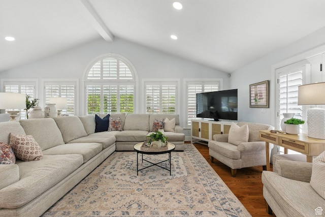 15 S 300 E, Payson, UT 84651 - living area with vaulted ceiling with beams, recessed lighting, and dark wood-type flooring